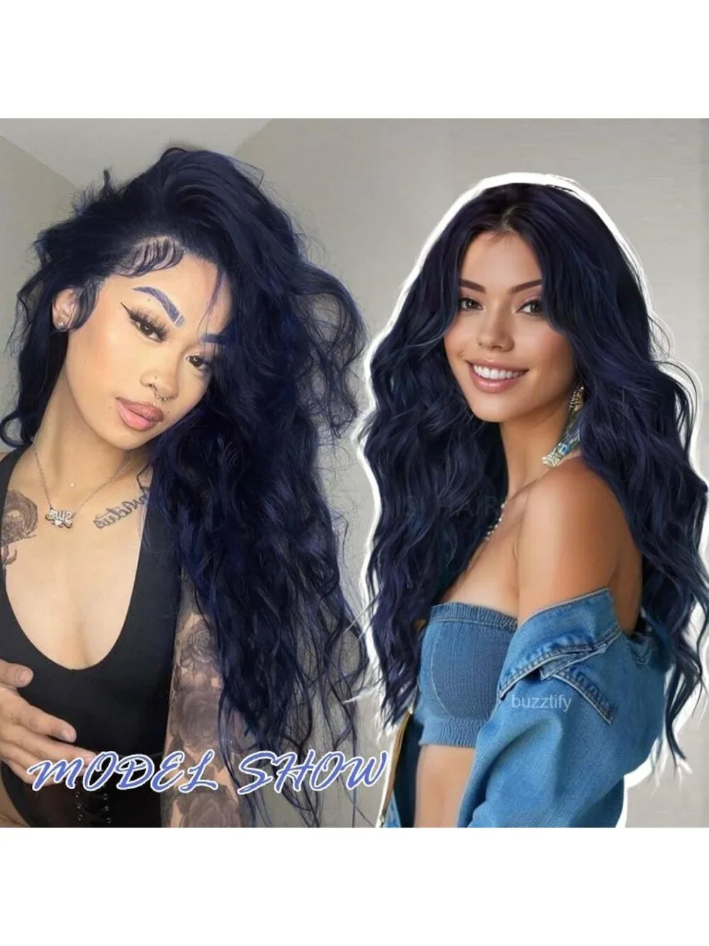 Women's Dark Blue Lace Hairline 26 Inch Synthetic Heat Resistant Wavy Wigs